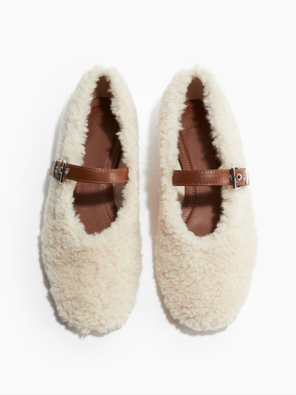 H&M Faux Shearling Mary Jane Ballet Flats Ivory Cream Sherpa Boho Cozy 7 NWT